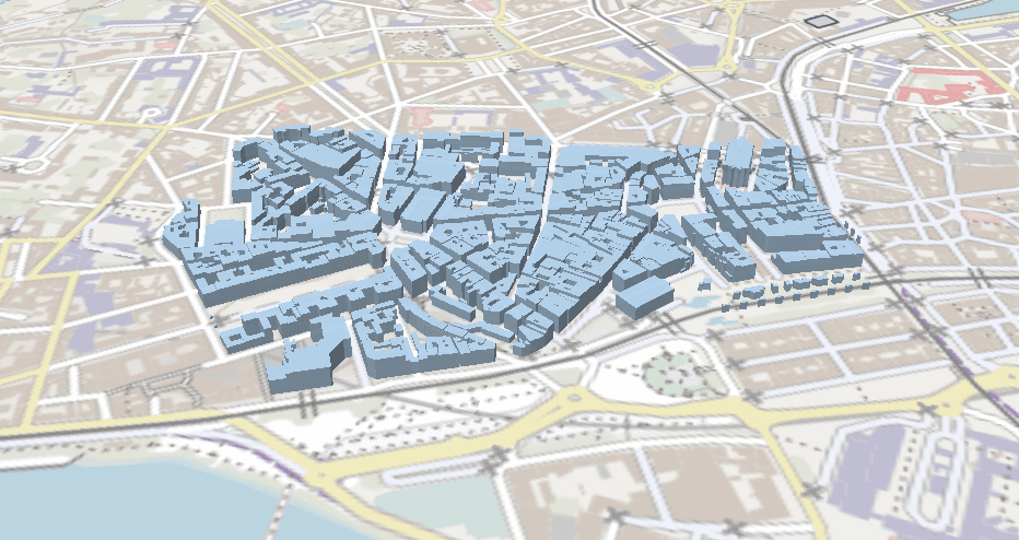 Maquette 3D du cadastre du quartier Graslin-Commerce à Nantes : les bâtiments en volume, avec leurs hauteurs réelles