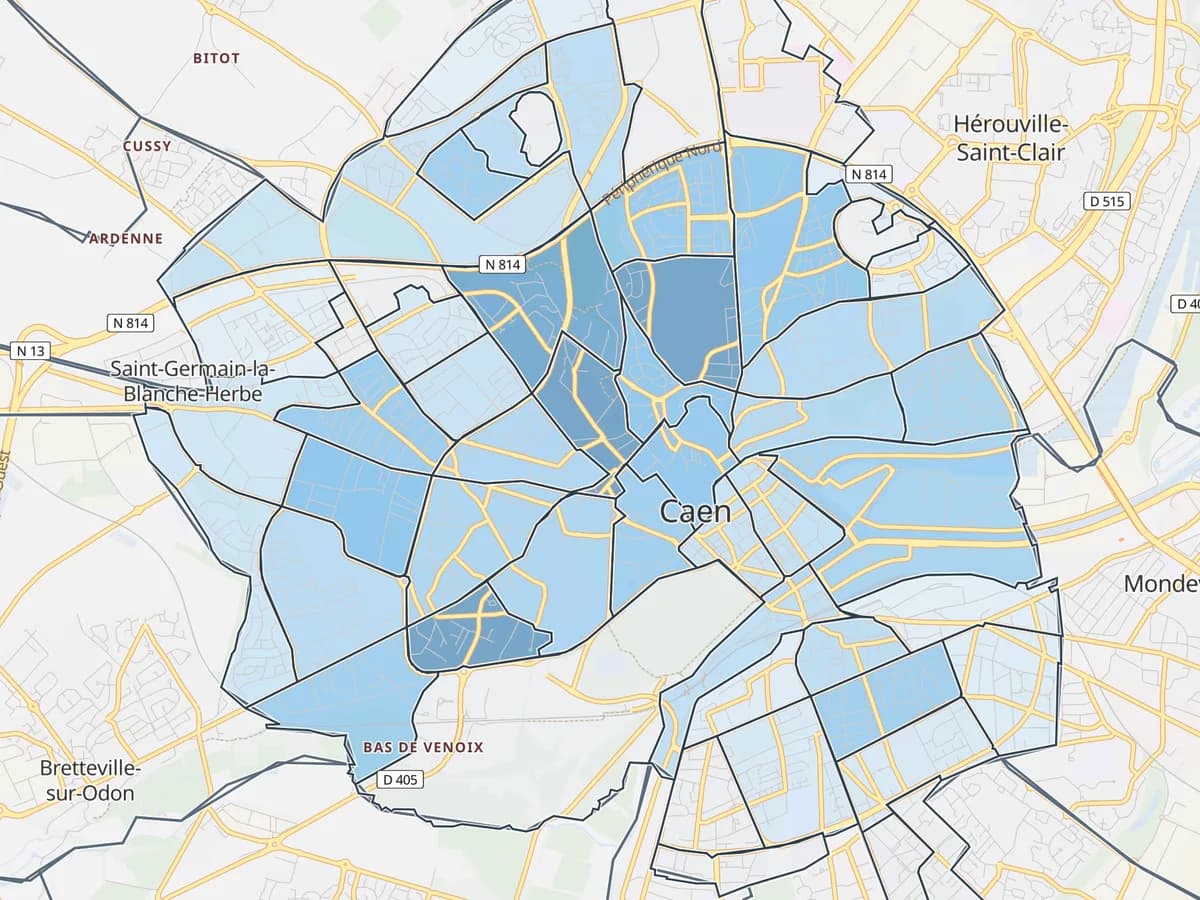 Carte de Caen : les quartiers Insee colorés par prix médian au m² des ventes réelles