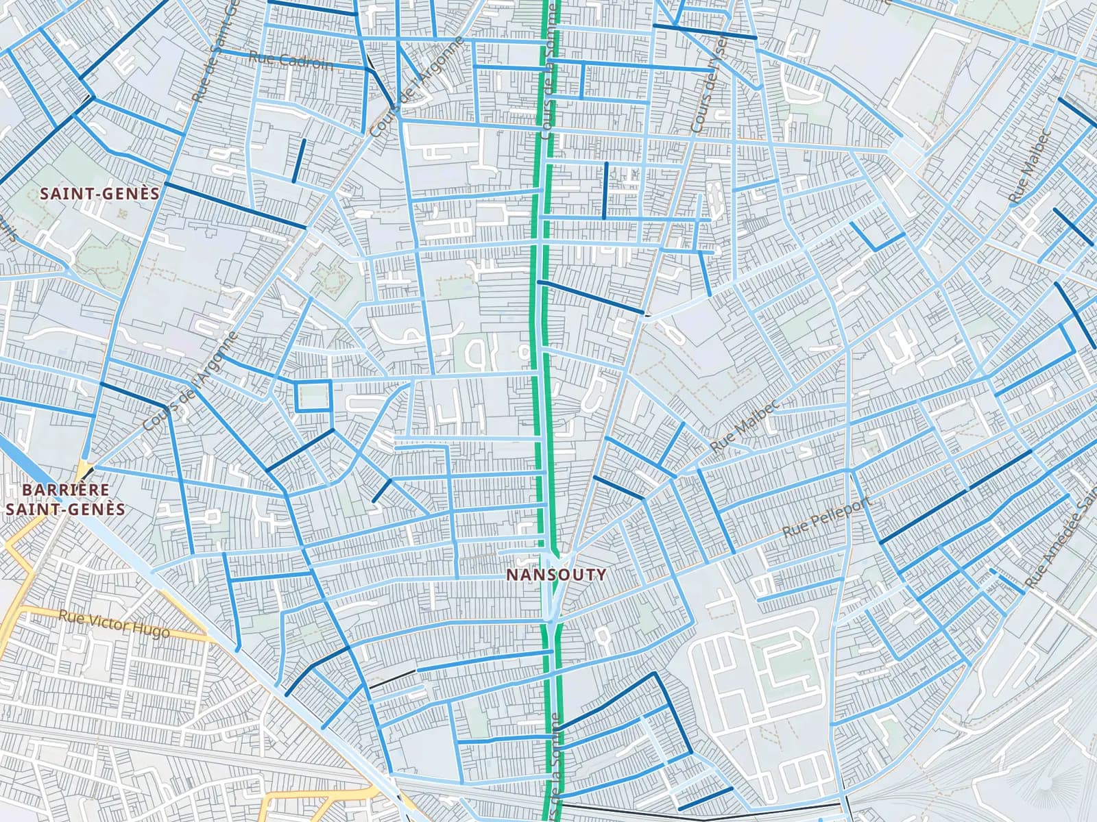 Carte du quartier Nansouty à Bordeaux : chaque rue coloriée par le prix médian de ses ventes réelles, le cours de la Somme surligné en vert