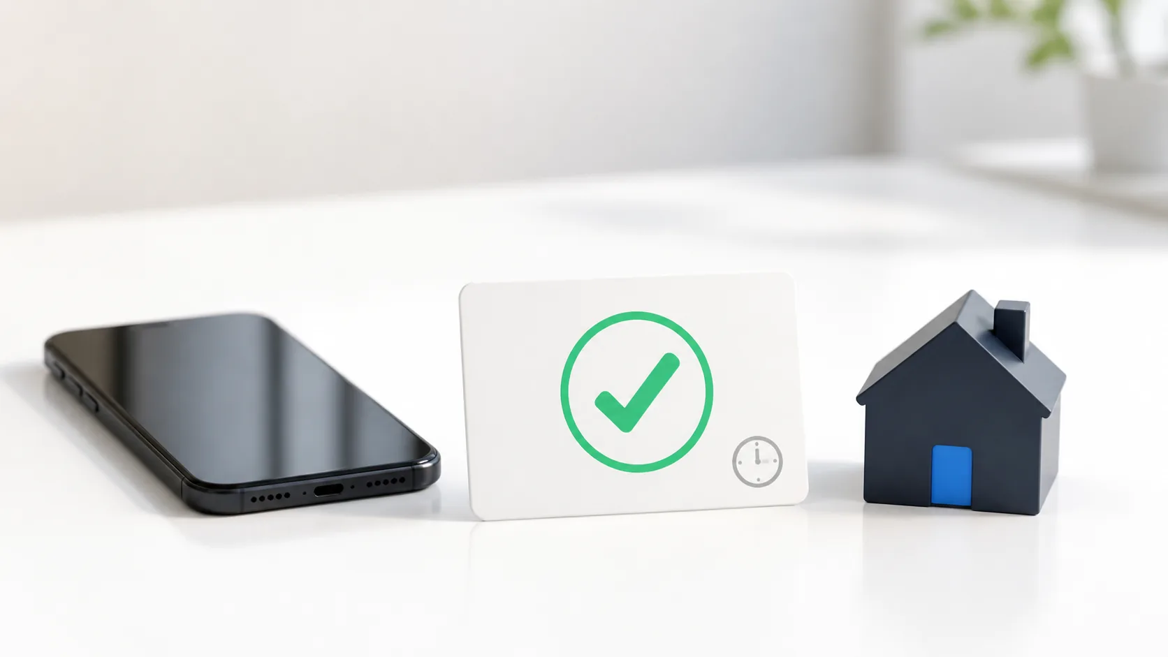 Téléphone, consentement validé et maison miniature sur un bureau clair